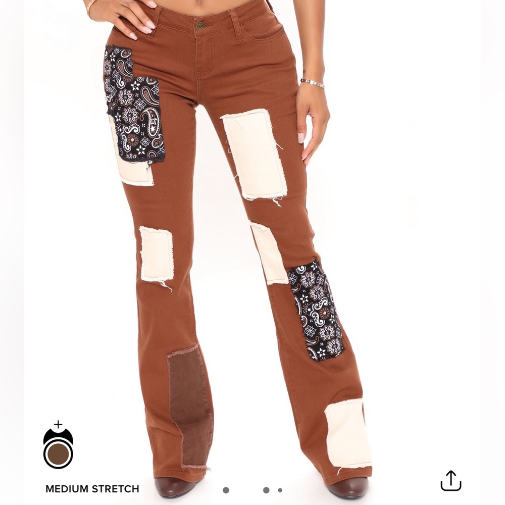 brown patchwork women’s bootcut jeans size 7